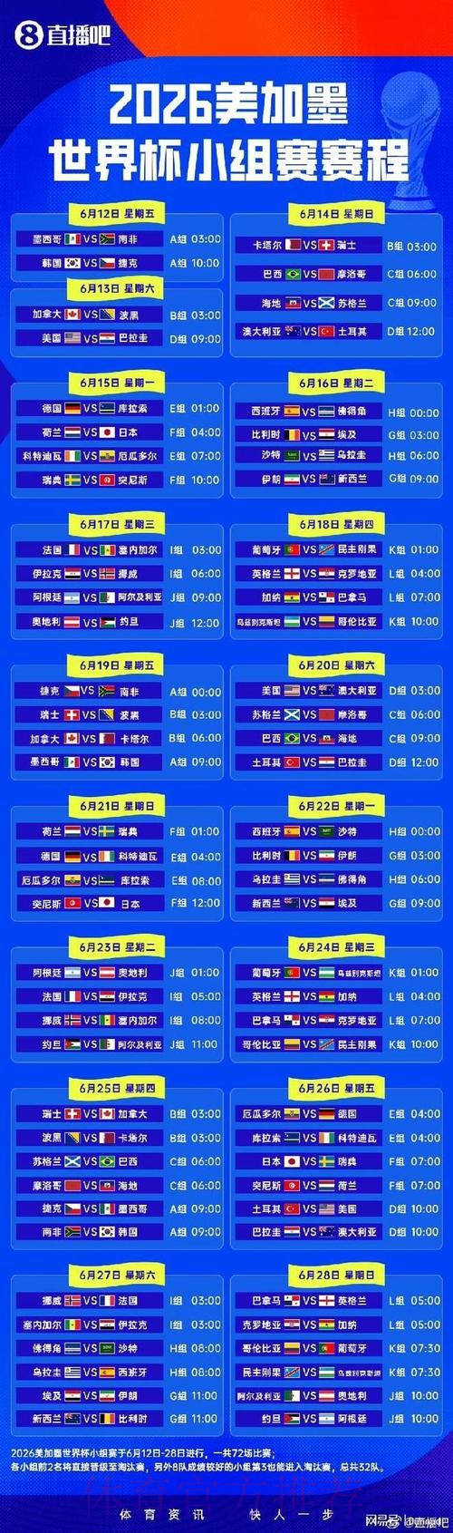 2026世界杯小组赛赛程高清版实时赛程官网入口